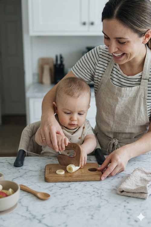 Mama y Bebé usando el kit de cocina Montessori para practicar alimentación autónoma (BLW)